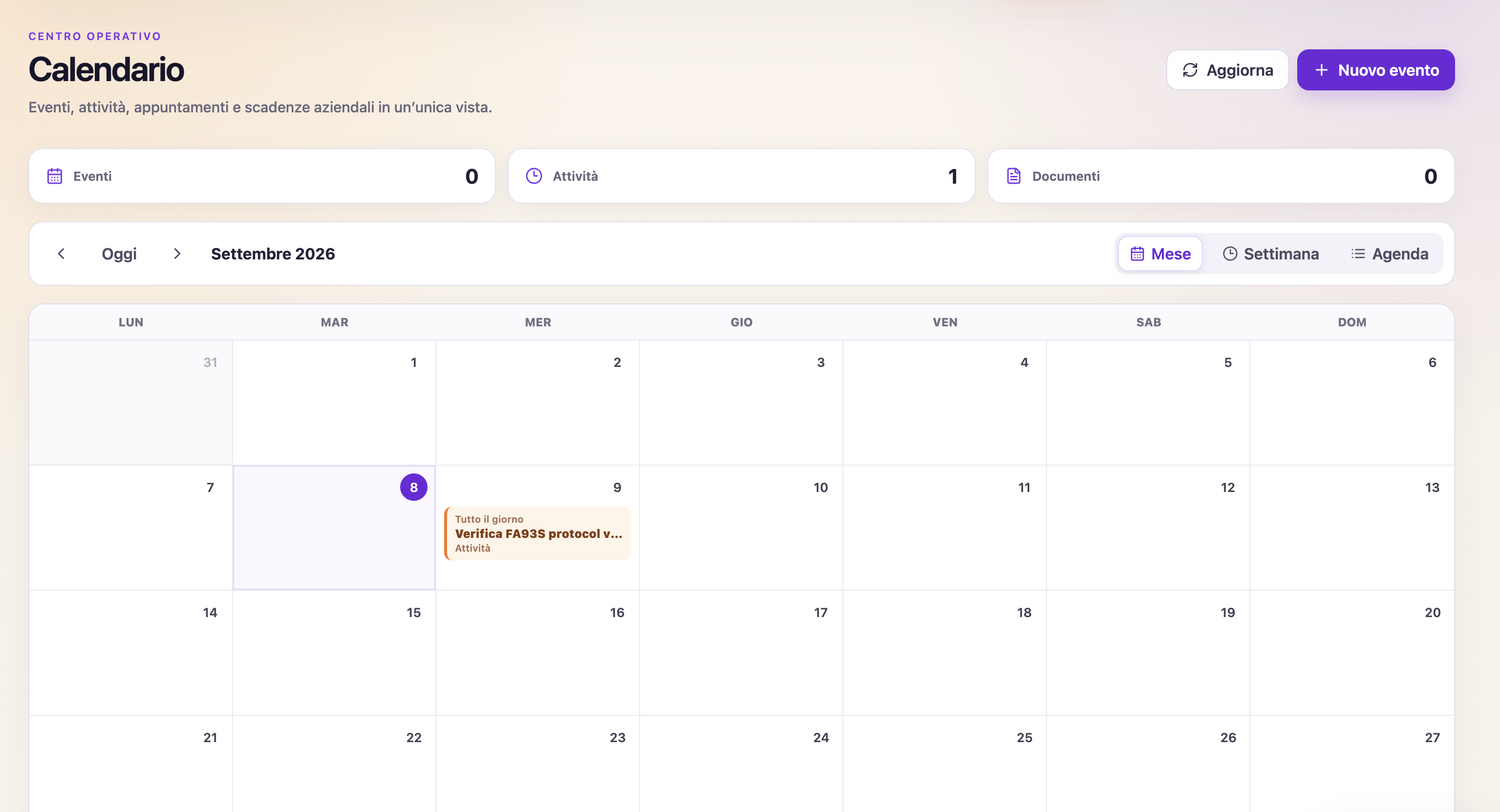 Calendario reale di Orienta con eventi, attività e scadenze aziendali
