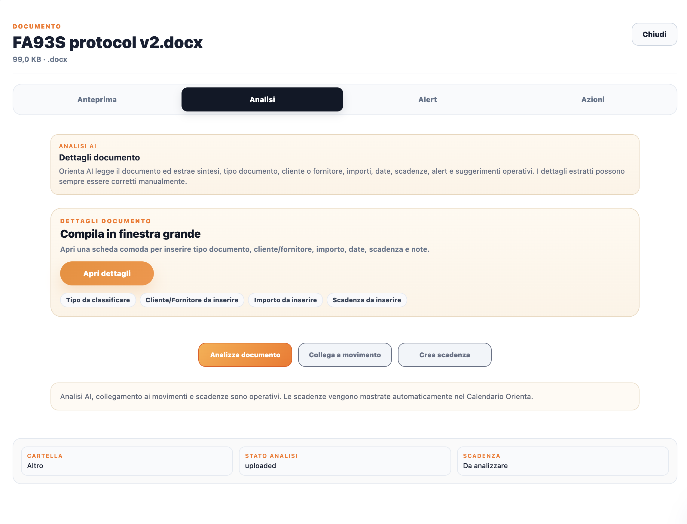 Dettaglio reale di un documento nel Business Desk di Orienta con analisi AI, collegamento ai movimenti e creazione della scadenza