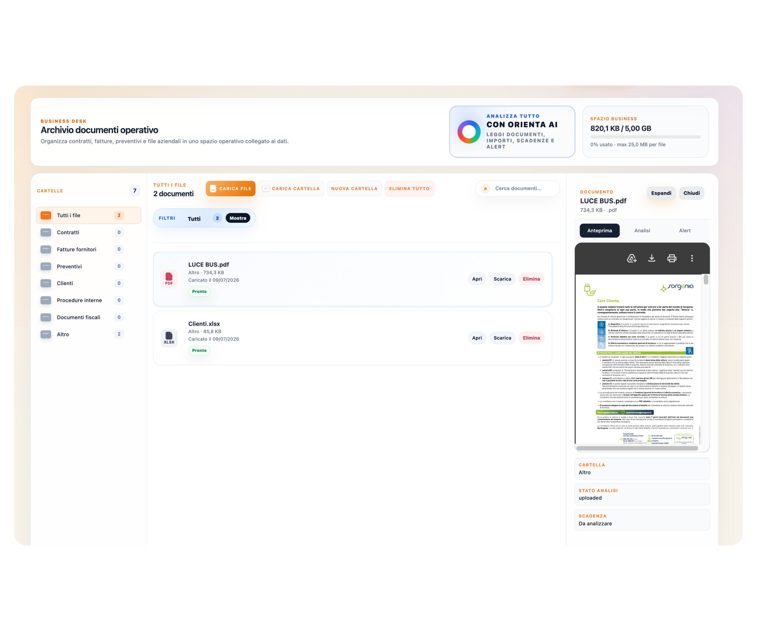 Area reale di Orienta con account, utenti, permessi, storico fatture e funzioni piano